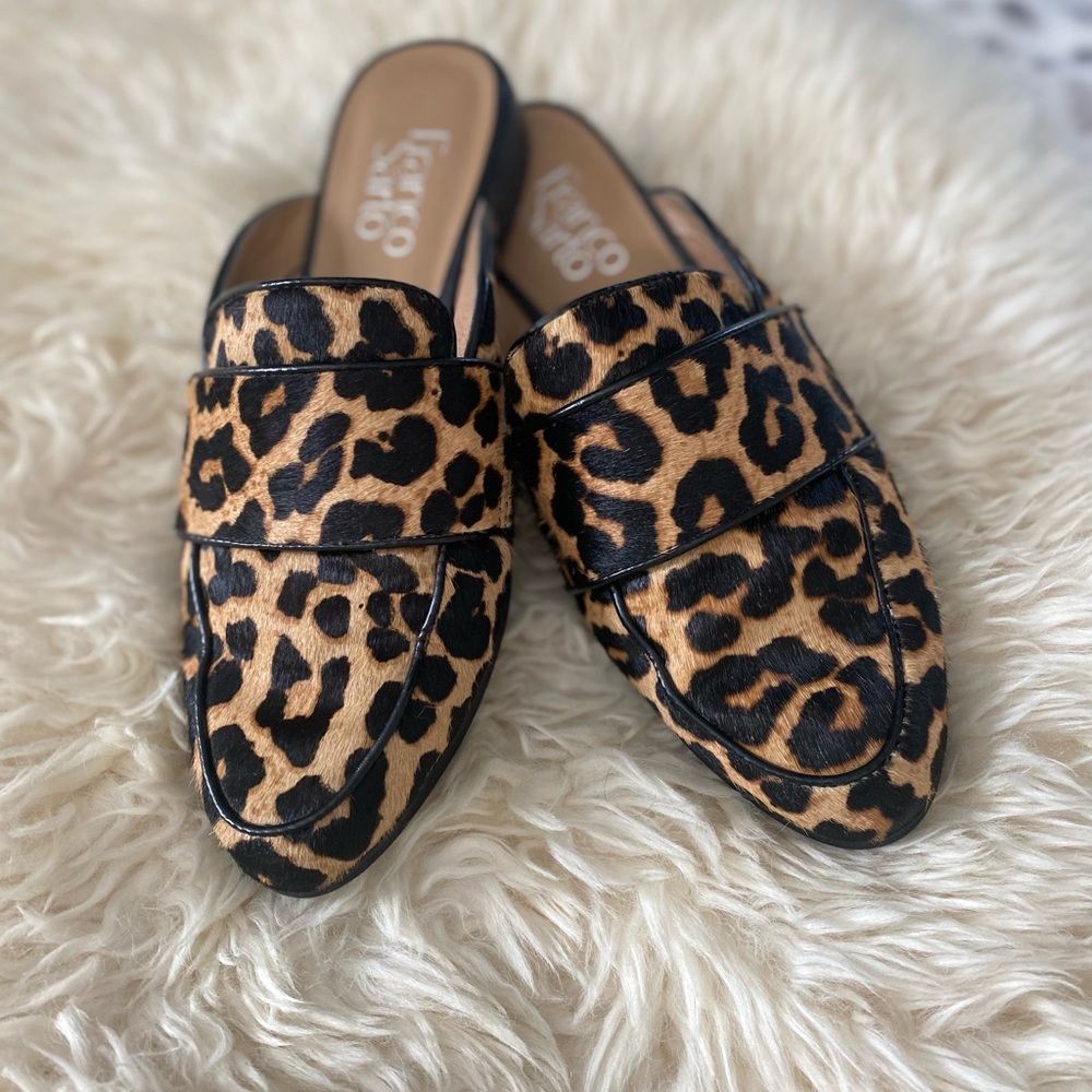 Franco Sarto Leather Leopard Print Slip-On Mules Sz 6.5